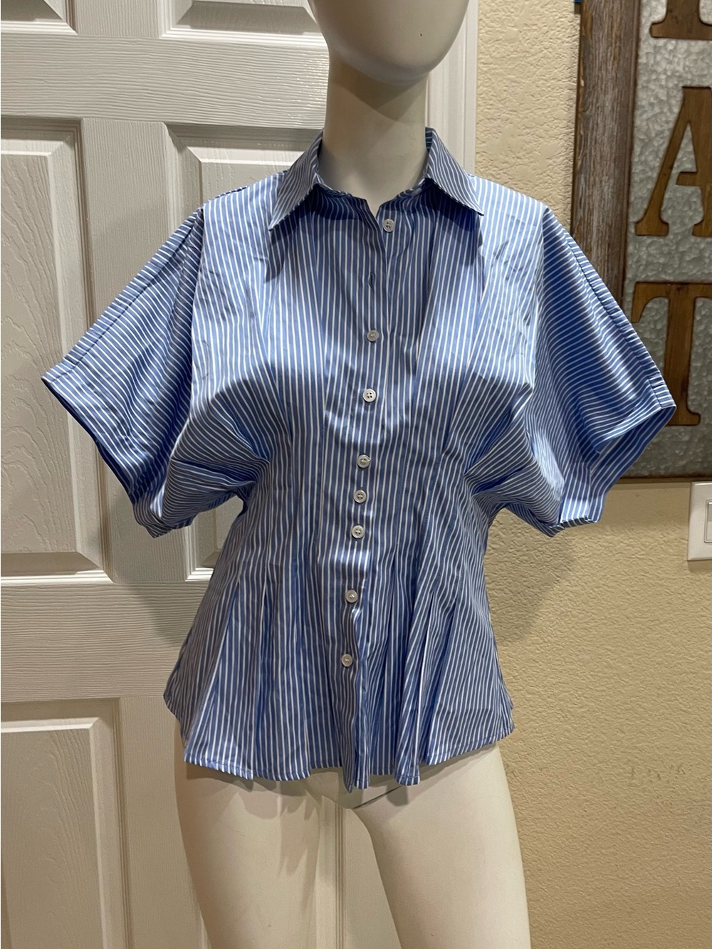 Molly Green Blue & White Striped Pleated Peplum Blouse - Size Small